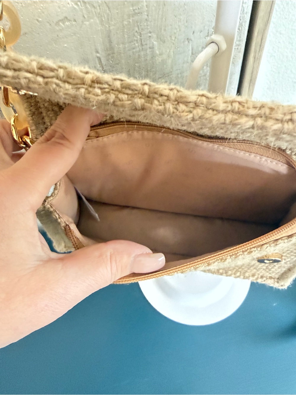 Dior Raffia Tan Woven Shoulder Bag with Gold Chain Strap - Picture 3 of 4